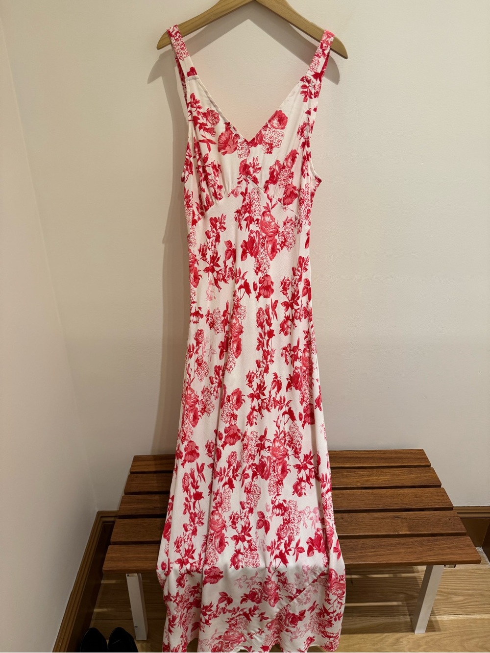 Olivaceous White Maxi Dress with Red Floral Print